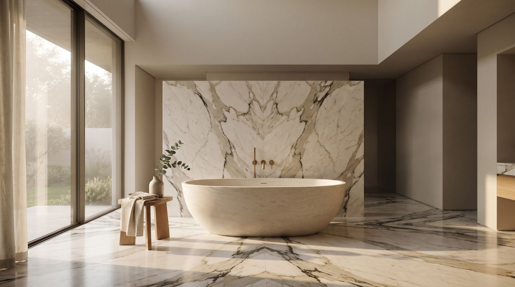 Salle de bain marbre Calacatta & robinetterie laiton signée UDS