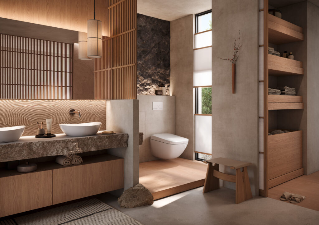 Salle de bains japonaise avec WASHLET et lavabos (studio ukiyo)